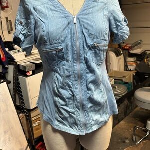 Guess Light Blue Zip-Up Blouse